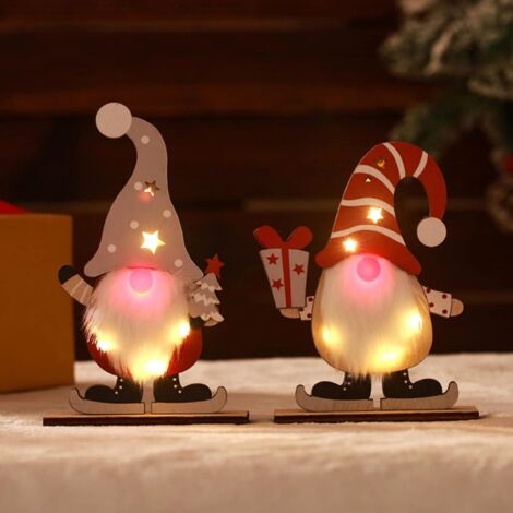 2 Piezas Elfo de Navidad Santa Gnomo de Madera LED, Accesorios de Mesa de Elfo de Navidad, Objeto Decorativo de Madera para Soporte Muñecas Tomte Operadas por Pilas, Figura de Decoración de Navidad de