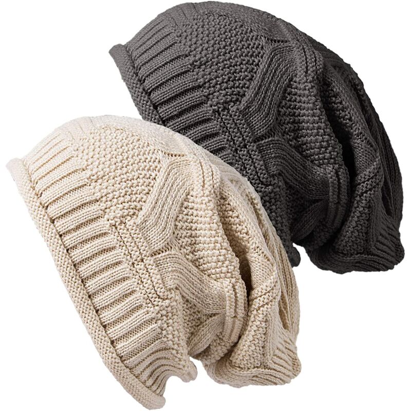 

2 piezas gorro de invierno para mujer gorro de invierno gorro de punto Gorro suave y cálido con forro polar beige y gris oscuro