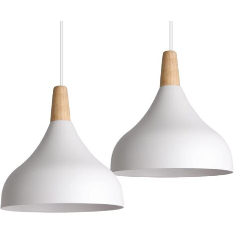 2 piezas Lámpara Colgante Moderna, Lámpara de Techo Madera Metal Estilo Nordico Iluminación E27 Luz de Techo Interior para Comedor Salon Dormitorio, 20CM (Blanco)