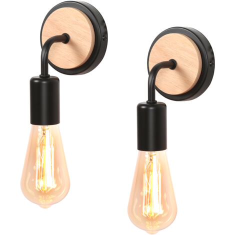 2 Piezas Lámpara de Pared Vintage de Madera Hierro Forjado Aplique de Pared Moderna Base E27 Sin Bombilla (Negro)