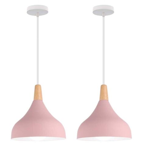2 Piezas Lámparas de Techo Nórdico Moderno Lámpara de Suspensión Metal Redondo con Acabado en Madera E27 para Salón Cocina Dormitorio (Rosa)