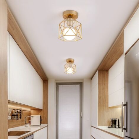 WOTTES 2 Piezas Lámparas de Techo Vintage Industrial Luz Colgante de Jaula Metal Plafón Techo Oro Claro Iluminación Interior Ø15cm