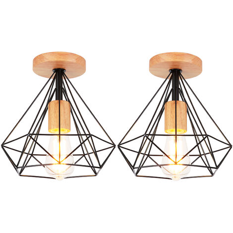2 Piezas Retro Lámpara de Techo Industrial de Jaula Diamante E27 25cm Luz Interior de Metal y Madera para Pasillo Escaleras Salón Negro