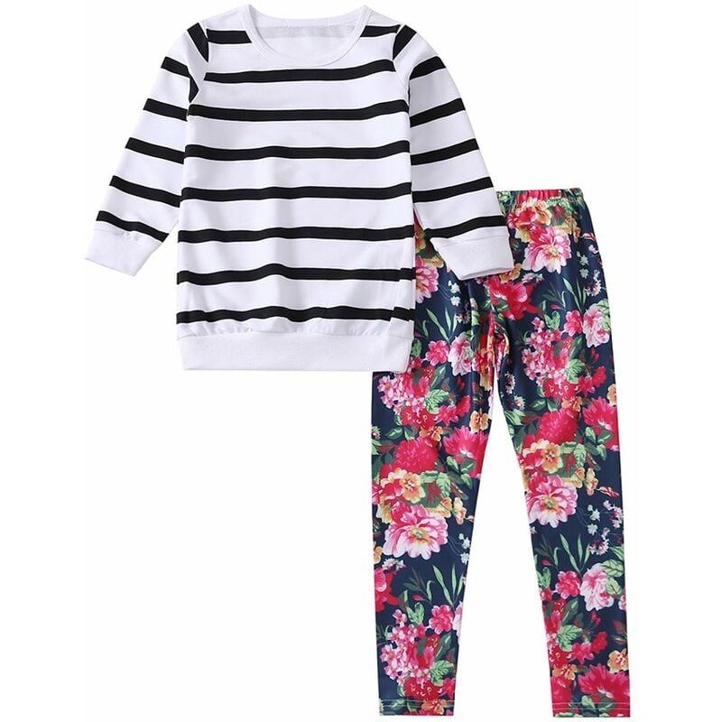 

2 piezas sudadera a rayas + leggings florales ninos bebe nina camiseta de manga larga y conjunto de pantalones,Multicolor, 110cm