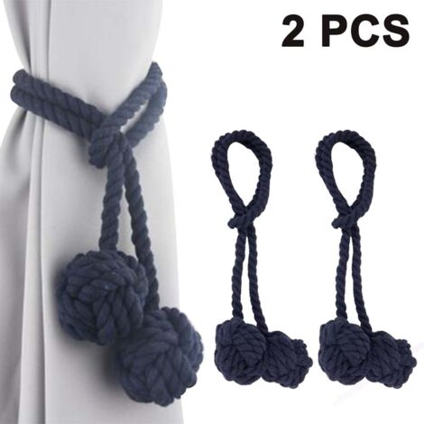 2 pinces à rideaux artisanales exquises avec pompons pendants, des embrasses/liens en corde de coton pour rideaux à pompons et des accessoires décoratifs en forme de boule pour le dos.