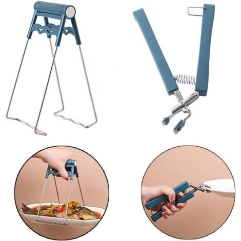 2 pinzas para cuencos antiescaldaduras, resistentes al calor, de acero inoxidable con mango de silicona antideslizante para cuencos calientes, microondas, horno y ollas (azul).
