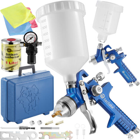 2 pistolas de pintar HVLP (1,0 + 1,7mm) + mascarilla + eliminador de silicona - pistola con difusor de acero, set para pintar con regulador de presión y filtros, pistola para pulverizar con maletín de aluminio - azul