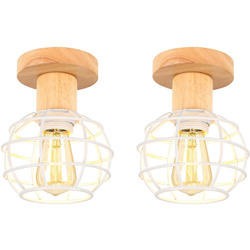 2× Plafonnier Industrielles Design Cage en Métal Lampe de Plafond Bois Blanc - Blanc