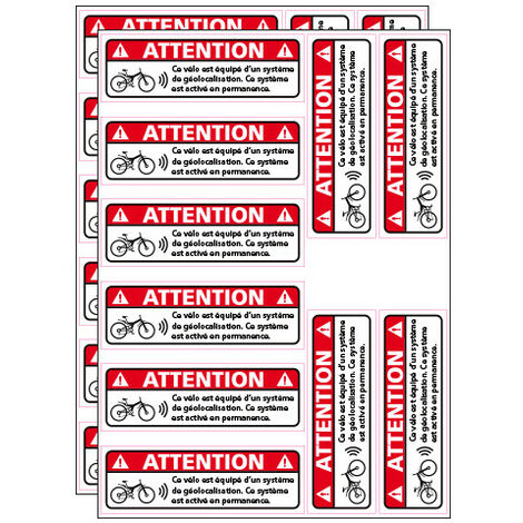 2 PLANCHES DE 10 ADHESIFS ATTENTION VELO EQUIPÉD'UN SYSTEME DE GEOLOCALISATION (G1447PL10X2). Adhésif . - Adhésif