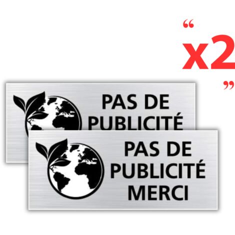2 Plaques Adhésives Pas de Publicité Merci – Format 60x25 mm – Signalétique Boîte aux Lettres – Aspect Aluminium