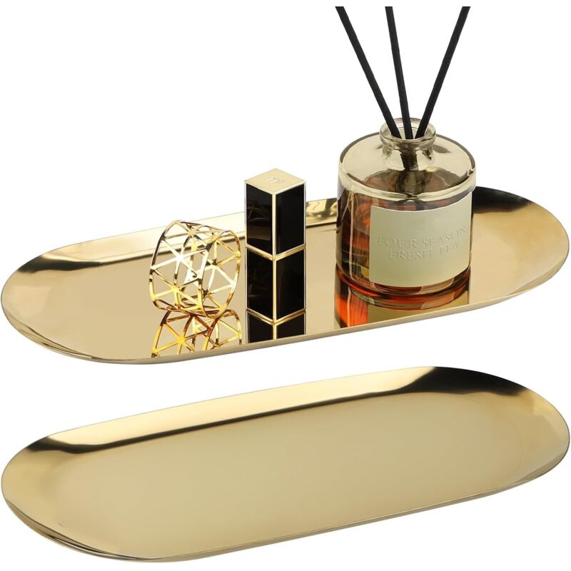 2 Plateaux Décoratifs en Acier INOX Or - Service Ovales et Rangement pour Salle de Bain - Métal Plat pour Bijoux, Cosmétiques, Café, Dessert, Bougie