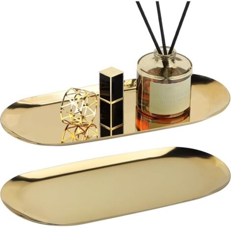 2 Plateaux Décoratifs en Acier INOX Or - Service Ovales et Rangement pour Salle de Bain - Métal Plat pour Bijoux, Cosmétiques, Café, Dessert, Bougie - Assiette 30cm