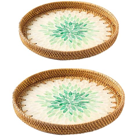 2 Plateaux en Rotin Tressé Main avec Coquillages Colorés pour Salon, Plateau à Fruits et Snacks pour Table Basse, Dessous de Plat Décoratif (Lot de 2)