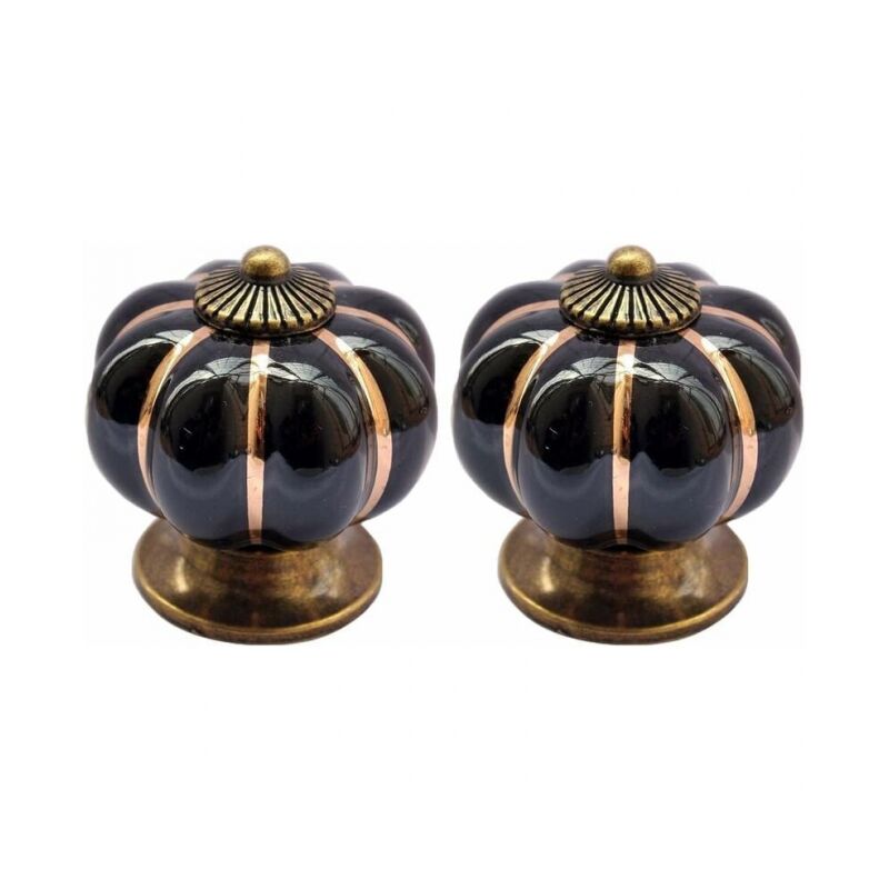 Image of 2 Pomelli in porcellana stile vintage a forma di zucca nera, pomelli per mobili, pomelli per cassetti, pomelli per armadietti, armadietti per mobili