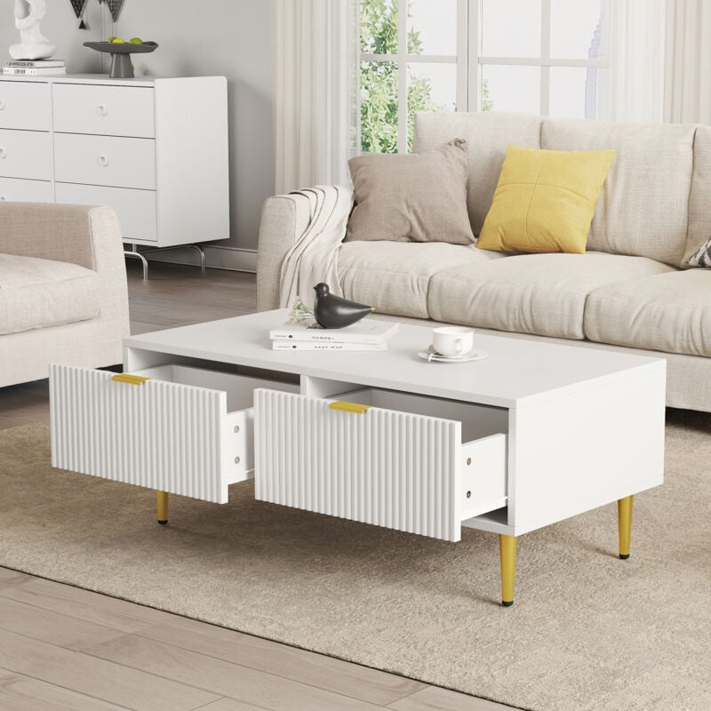 Redom - Table basse blanche moderne avec des accents dorés, 2 tiroirs, design à rayures verticales, mdf, 100 x 50x 40 cm