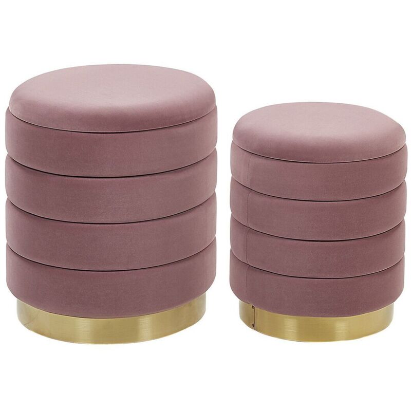 Lot 2 Poufs Coffres de Rangement en Velours Rose et Base en Acier Doré Idéals pour Chambre ou Salon au Design Glamour et Chic Beliani