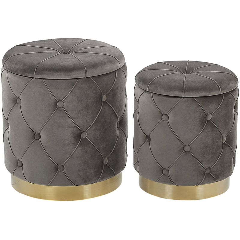 Beliani – Lot de 2 poufs coffres en velours gris capitonné – Base en acier doré – Rangement fonctionnel – Dimensions 40x40 cm – Style glamour vintage