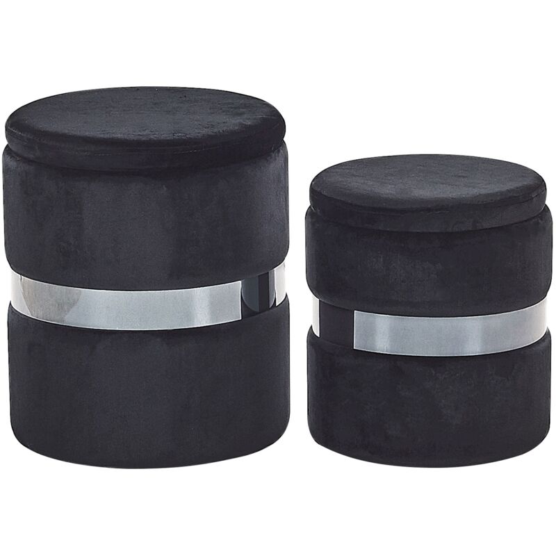Beliani - Lot 2 Poufs Coffres de Rangement en Velours Noir avec Ceinture en Acier Argenté Idéals pour Chambre ou Salon au Design Glamour et Chic