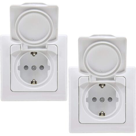 2 Prise Ip44 Avec Couvercle Rabattable Et Cadre - 2 Prises Encastres Avec Contact De Protection, Pour Pices Humides Et Extrieur, 230 V - Blanc