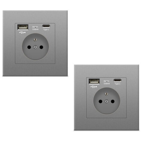 2 prise murale grise avec USB et Type C, prise de courant en verre, 5v, 2100mA
