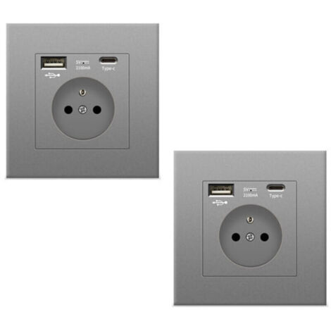 2 prise murale grise avec USB et Type C, prise de courant en verre, 5v, 2100mA