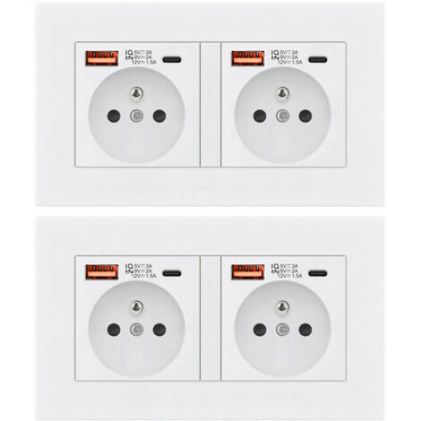 2 Prise Murale USB Type C 20W Charge Rapide – Prise Électrique Encastrable 16A 240V 146mm Blanc