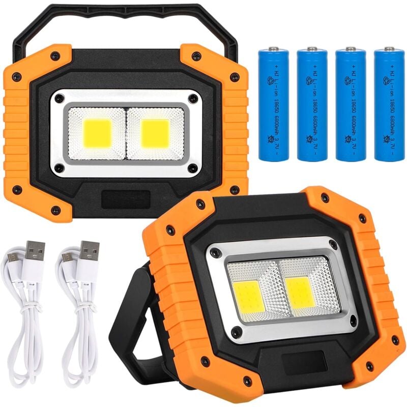 2 Projecteur de Chantier led, usb Rechargeable Lampe de Travail 30W 2000LM - Luminaire extérieur avec 4 18650 Batteries, IP65 Imperméable Lumière