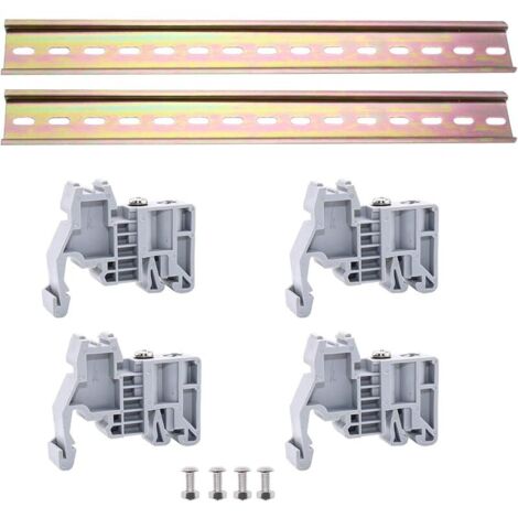 2 rails DIN métalliques de 300 mm de long, 4 supports de fixation et 4 paires de vis, pour installation dans des armoires de distribution.