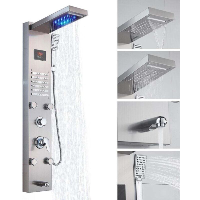 Robinet de douche, panneau de douche, colonne de douche, système de douche en cascade avec douche de pluie, normale, massage, douce, et pulvérisation.