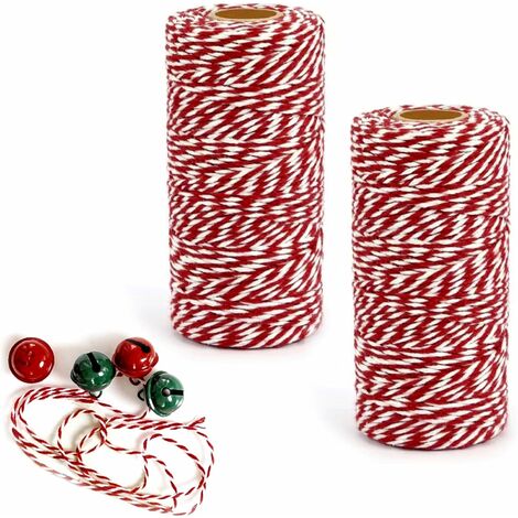 2 Rollen 100 m rote und weiße Baumwollschnur, Weihnachtsschnur, Weihnachtsschnur im klassischen Stil, Wickelschnur, zum Verpacken von Geschenken, Dekoration, Basteln, Verpacken von Weihnachtsgeschenke