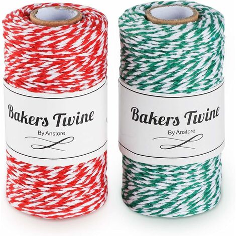 2 Rollen Baumwollschnur, 200 m, klassischer Stil, Weihnachts-Juteschnur, zweifarbige Schnur mit Markenetikett zum Backen, Basteln, Weihnachtsgeschenkverpackung (Rot + Grün) – Longziming