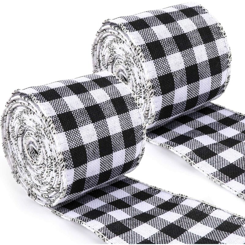 

2 rollos de cinta de borde con cable a cuadros para Navidad DIY Envoltura de regalos Artesanía Decoración Blanco Negro