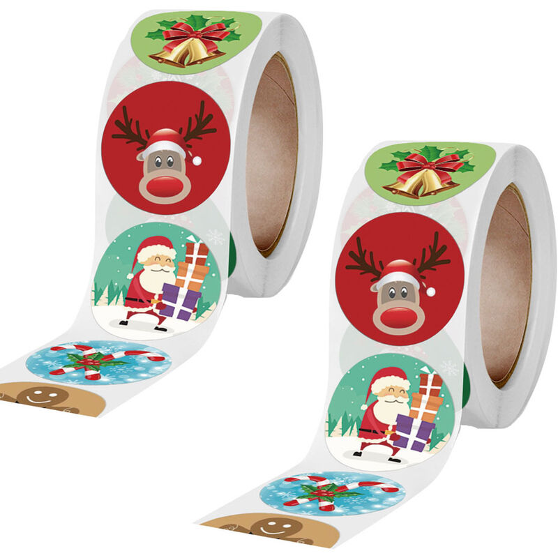 

2 rollos de pegatinas redondas de Feliz Navidad con 8 diseños - Pegatinas redondas de Navidad para hacer tarjetas de Navidad