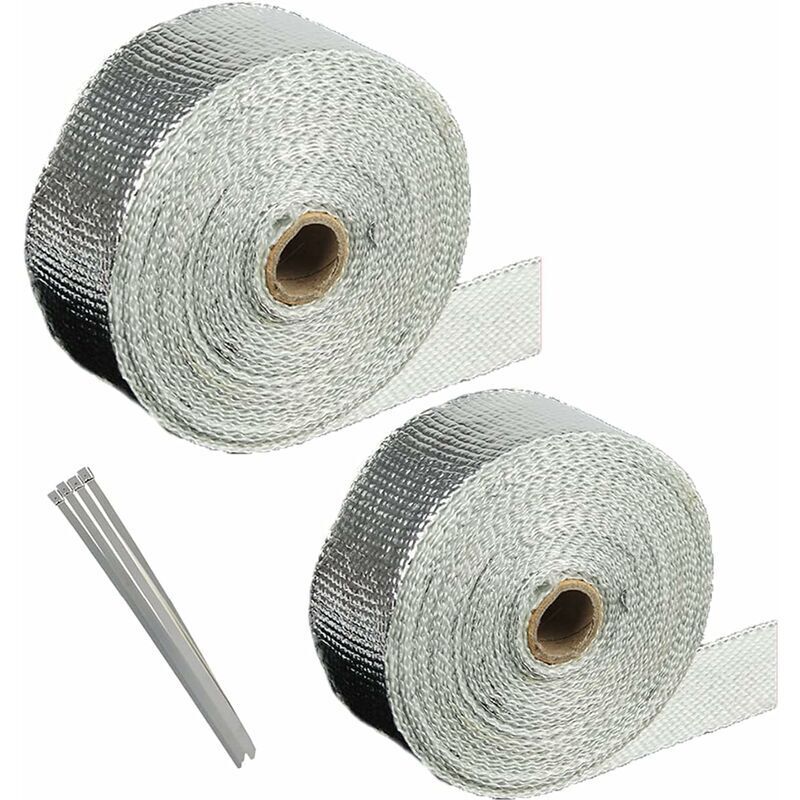 2 Rouleau Ruban échappement Bande Isolant Thermique aluminium Titanium Bandage 10m +5M 4 Colliers Serrage Autobloquant pour Moto Et de Voiture Tuyeau