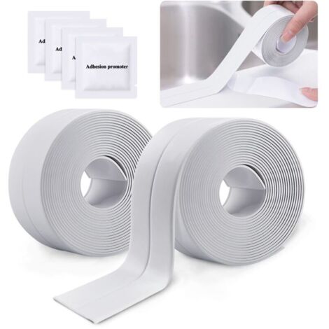 2 Rouleaux Bande Etancheite Autocollante Imperméable,PVC Ruban Adhesif de Scellage Mural,Douche,Toilette,Cuisine,Salle de Bains (Blanc)