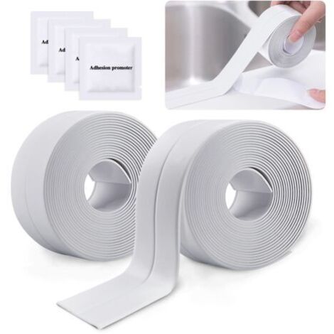 2 Rouleaux Bande Etancheite Autocollante Imperméable,PVC Ruban Adhesif de Scellage Mural,Douche,Toilette,Cuisine,Salle de Bains (Blanc)