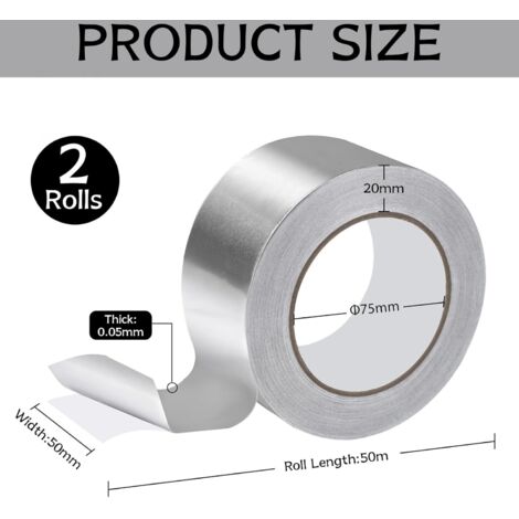 2 Rouleaux de Ruban Aluminium 50 mm x 50 m Ruban Adhésif Alu Autocollant Argenté Résistant à la Chaleur pour Scellement, Isolation & Réparation