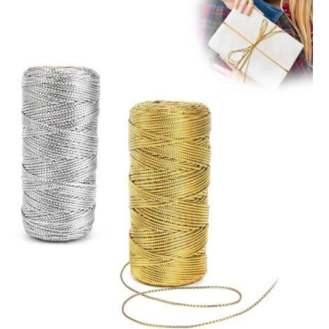 2 Rouleaux Fil Doré Métallique, Longueur Totale 200m Fil Tressé, 1.5 mm Fil Corde Paillettes, Fil Polyester, Or et Argent, pour Emballage Cadeau, Fil D'étiquette, Artisanat de Bricolage