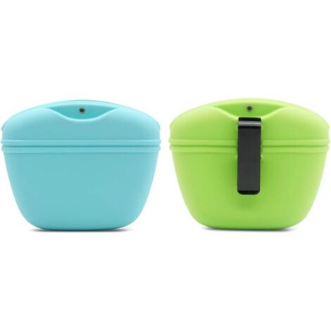 2 sacs à collation en silicone pour chien avec fermeture magnétique et clip de taille (bleu + vert)