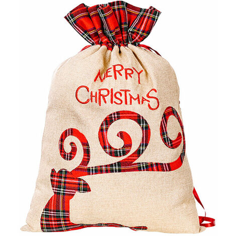 2 Sacs de Noël en Lin Sacs de Rangement à Carreaux Rouges Sacs Cadeaux Sacs à Bonbons Sacs Pomme Père Noël + Elk