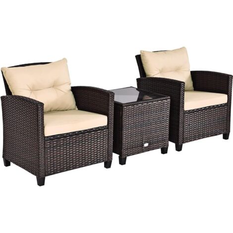 2 Salons de Jardin Exterieur avec Table Basse en Rotin PE, Ensemble Fauteuils avec Coussin et Table en Verre Trempé pour Piscine, Terrasse, Balcon, Chaise avec Charge de 180 kg (Brun)