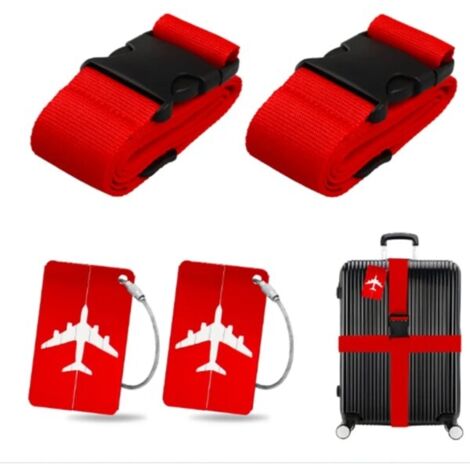 2 sangles à bagages avec 2 plateaux métalliques, sangle rouge réglable, sangle de valise, sangle de valise SQBB