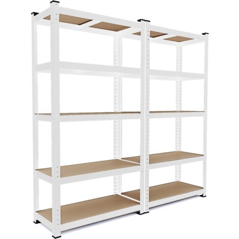 2 Scaffali In Metallo E MDF Scaffale Ad Alta Portata Fino a 875 kg Con 5 Ripiani Regolabili Ideale Per Garage Officina Cantina Capannone Magazzino Design Modulare 180 x 90 x 40 cm (Bianco)
