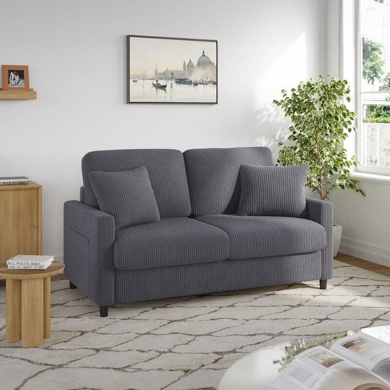 2-Seater Corduroy Sofa with Included Cushions - Compact Upholstered Loveseat for Living Room, Grey