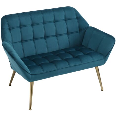 2 Seater Sofa in Velvet Upholstered Modern Couch Comfortable Loveseat Sofa with Metal Legs for Bedroom Living Room, Blue, Wahson