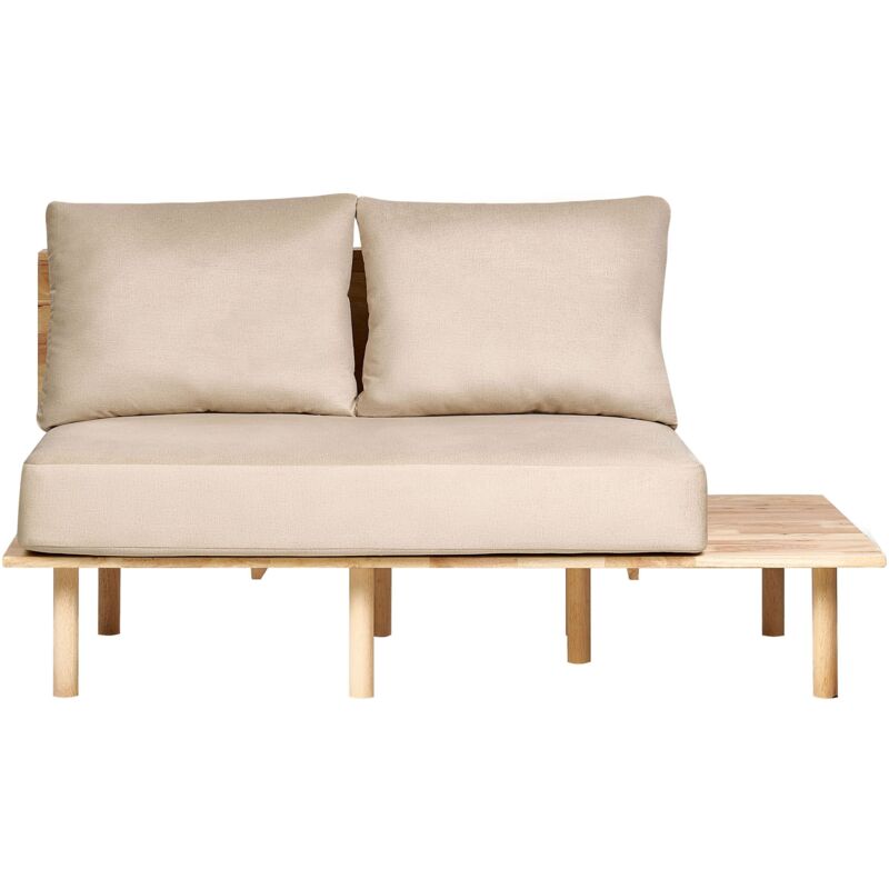 Beliani - 2 Seater Sofa Japandi Style Fabric Upholstered Light Wood Frame Foldable Backrest Table Beige Salo