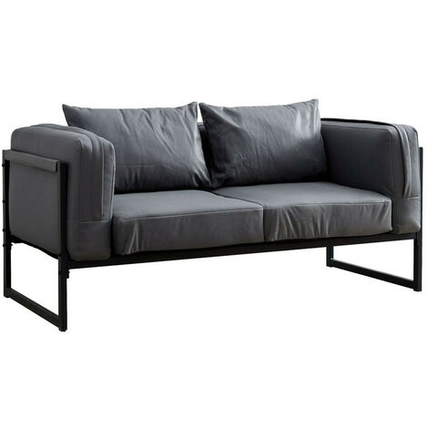 2 Seater Sofa Loveseat Couch Industrial Style Faux Leather Living Room Armchair with Metal Frame Small Apartment Upholstered Sofa Grey