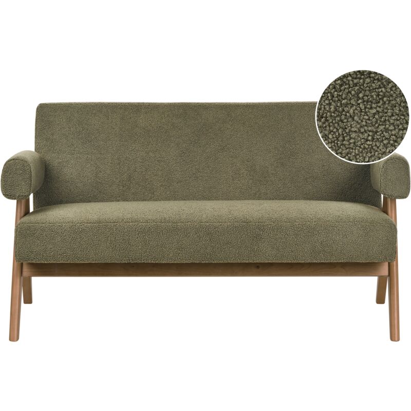 Beliani 2 Seater Sofa Retro Living Room Boucle Upholstery Wooden Legs Green And Dark Brown Tamre