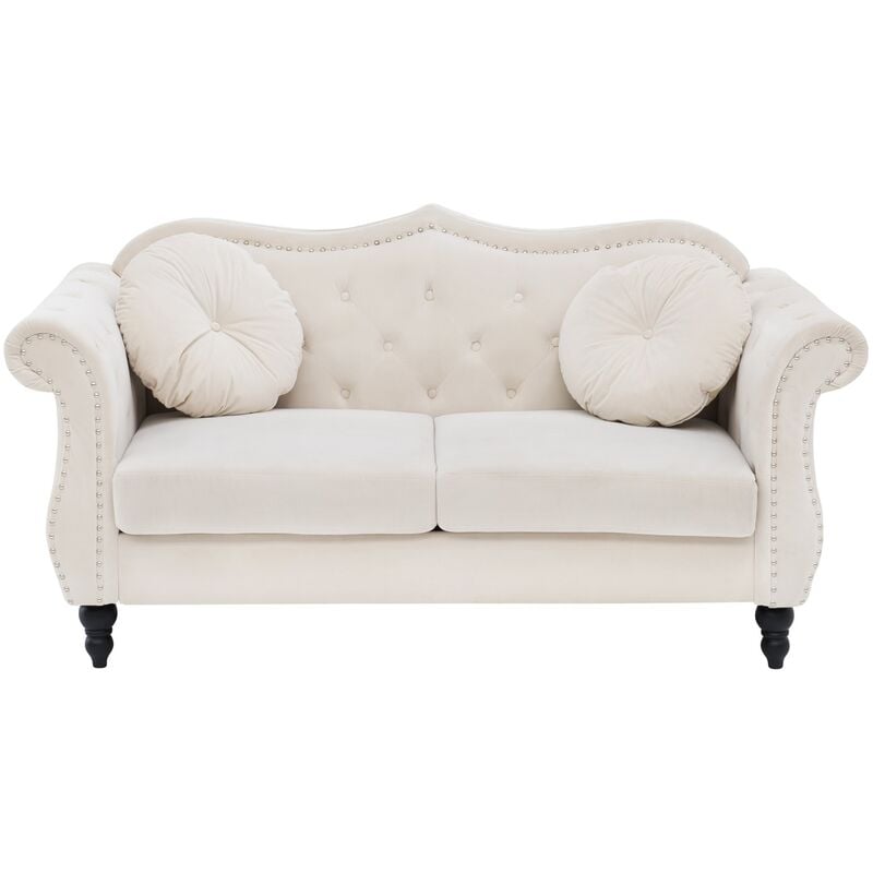 Glam Living Room 2 Seater Velvet Sofa Nailhead Trim Button Tufted Beige Skien