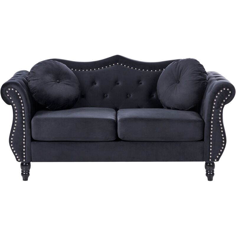 Beliani - Glam Living Room 2 Seater Velvet Sofa Nailhead Trim Button Tufted Black Skien